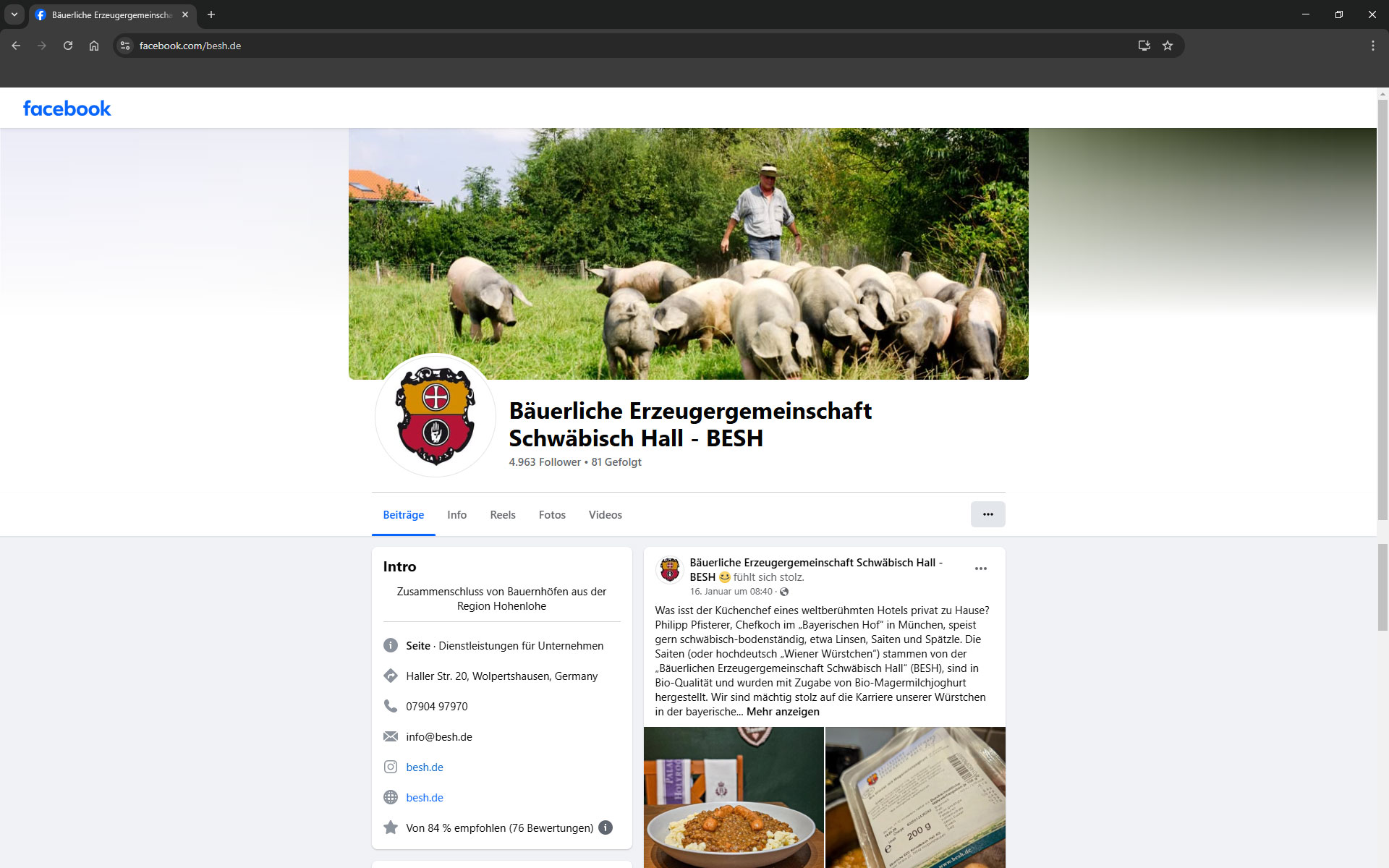 Screenshot des Facebook-Auftritts der Bäuerlichen Erzeugergemeinschaft Schwäbisch Hall