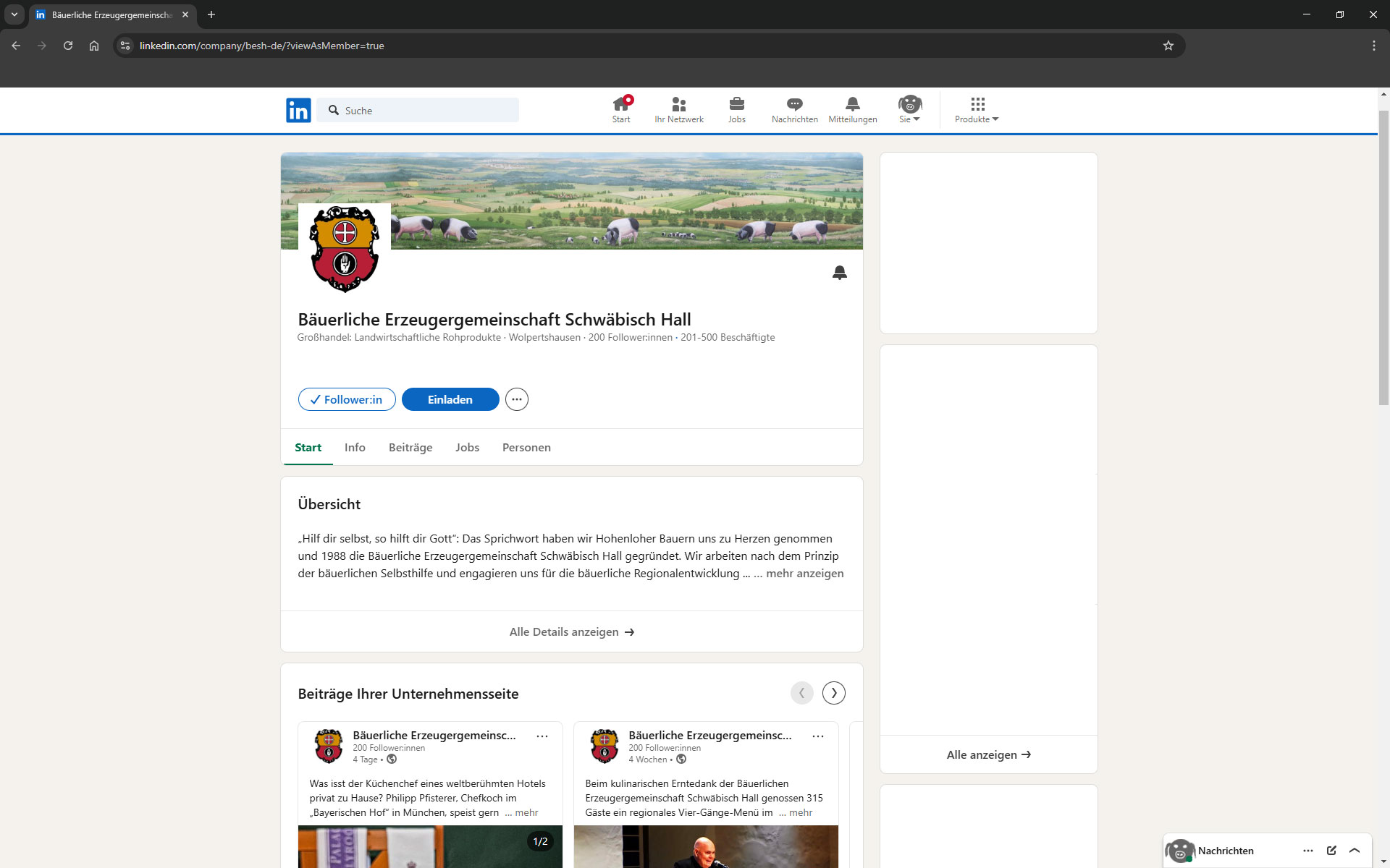 Screenshot des LinkedIn-Auftritts der Bäuerlichen Erzeugergemeinschaft Schwäbisch Hall