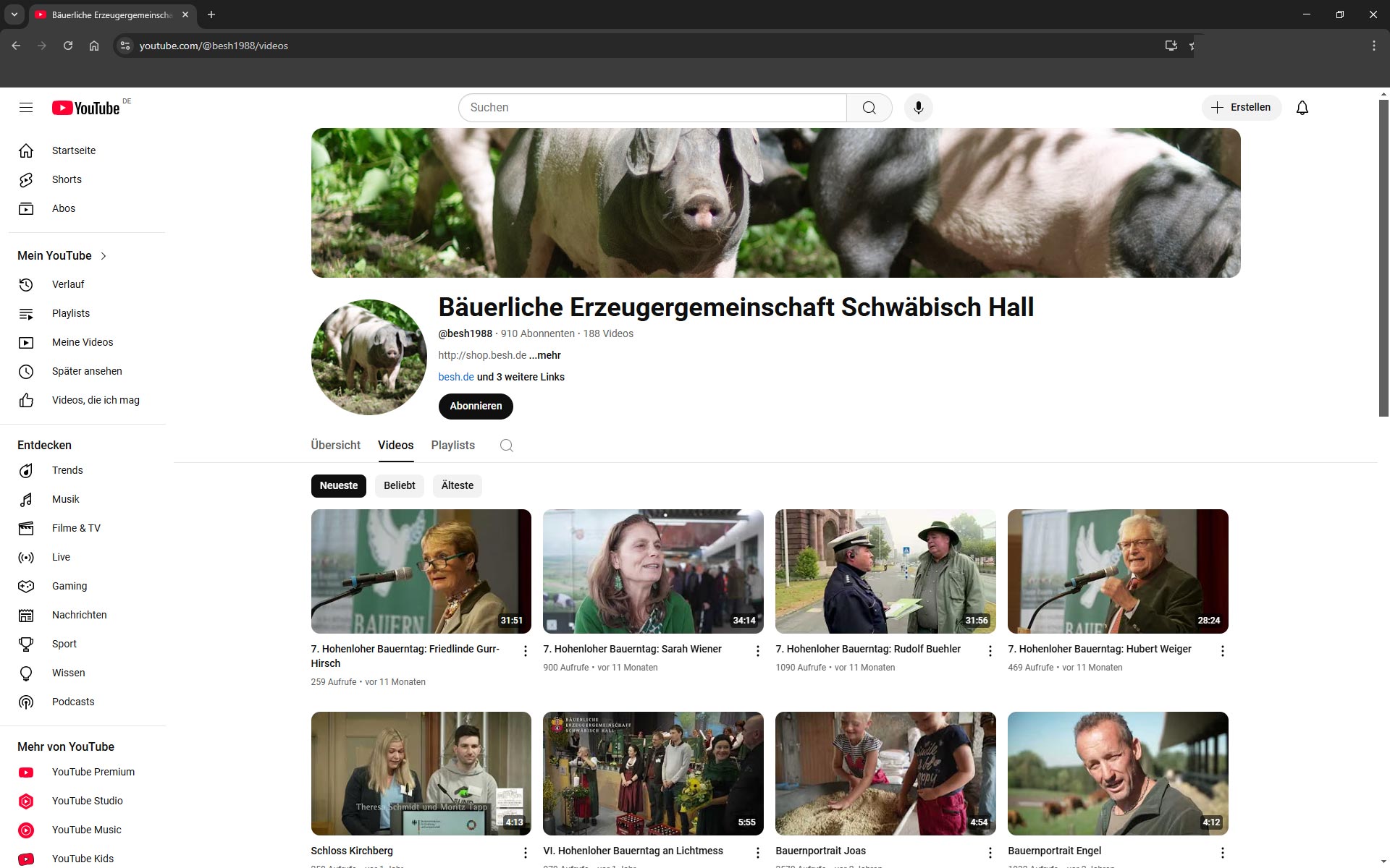 Screenshot des YouTube-Auftritts der Bäuerlichen Erzeugergemeinschaft Schwäbisch Hall